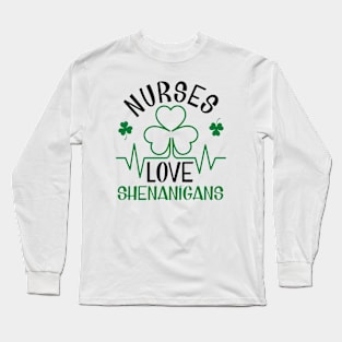 St Patricks Day Nurses Love Shenanigans Shamrock Heartbeat Long Sleeve T-Shirt